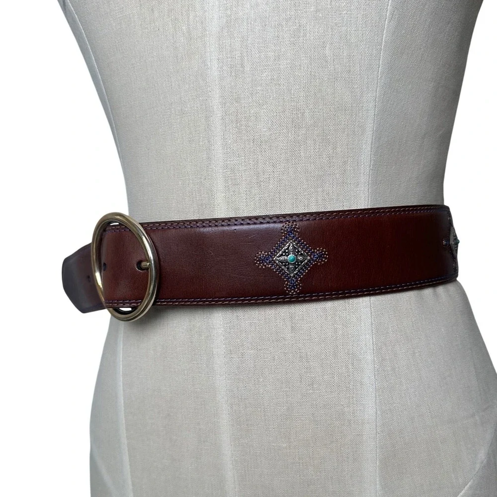 Brighton Womens Brown Leather Belt Turquoise Concho Gold Buckle Size L 34 B20415